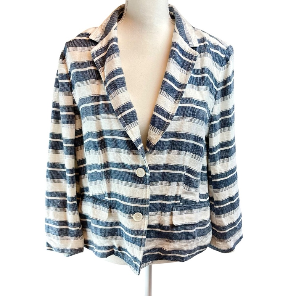 LOFT Ann Taylor Striped Linen Blazer Jacket‎ Coat Sz 12 Relaxed Coastal Office